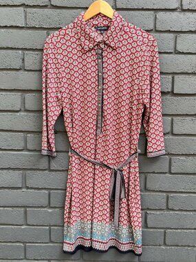 Max Edition Multicolor Geo Print Button 3/4 Sleeve Belted Shirt Dress L Red Blue